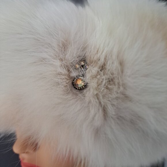 Cream Fox Trimmed Hat with White Leather Crown and Jewels main image 5